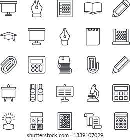Thin Line Icon Set - contract vector, book, calculator, graduate, abacus, notepad, presentation board, pencil, microscope, paper clip, ink pen, shining head