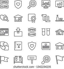 Thin Line Icon Set - contract vector, statistic monitor, plant label, blood test vial, heart diagnostic, shield, medical calendar, warehouse, package, search cargo, application, sertificate, alcohol