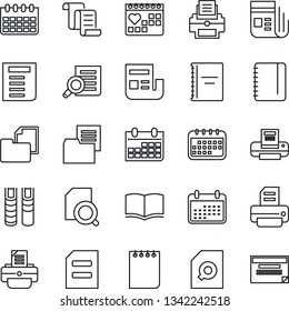 Thin Line Icon Set - contract vector, book, document search, notepad, calendar, printer, medical, folder, news, copybook, schedule
