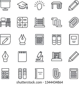 Thin Line Icon Set - contract vector, book, calculator, graduate, abacus, desk, notepad, pencil, microscope, notes, copybook, presentation board, paper clip, ink pen, shining head