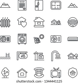 Thin Line Icon Set - contract vector, house, with tree, pool, sun panel, fruit, mountains, plan, low price signboard, children room, bathroom, washer, sweet home, heater, air conditioner, fridge, tv