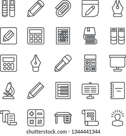 Thin Line Icon Set - contract vector, book, calculator, abacus, desk, pencil, microscope, notes, copybook, presentation board, paper clip, ink pen, shining head