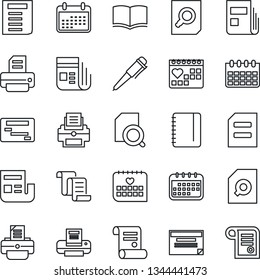 Thin Line Icon Set - contract vector, book, document search, pen, notepad, calendar, printer, medical, news, schedule