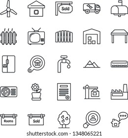 Thin Line Icon Set - contract vector, windmill, water supply, fruit tree, mountains, warehouse, fence, rooms, sold signboard, estate search, client, table, moving, heater, air conditioner, fridge