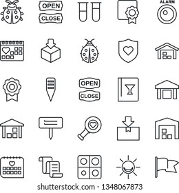 Thin Line Icon Set - contract vector, lady bug, plant label, blood test vial, heart diagnostic, shield, medical calendar, warehouse, package, application, sertificate, wine card, open close, flag