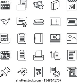 Thin Line Icon Set - contract vector, notepad, document, calendar, reload, cash, clipboard, paper pin, gallery, news, folder, blank box, tray, stapler, plan, plane, schedule, certificate