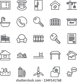 Thin Line Icon Set - contract vector, house, with tree, pool, windmill, fence, plan, estate document, rent, office building, key, children room, table, bathroom, cushioned furniture, fridge, crane