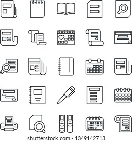 Thin Line Icon Set - contract vector, book, document search, pen, notepad, calendar, medical, news, copybook, printer, schedule