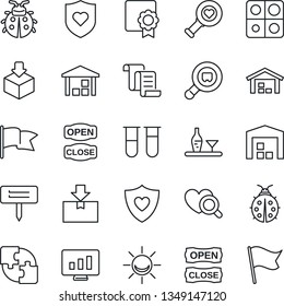Thin Line Icon Set - contract vector, statistic monitor, lady bug, plant label, blood test vial, heart diagnostic, shield, warehouse, package, search cargo, application, sertificate, alcohol, flag