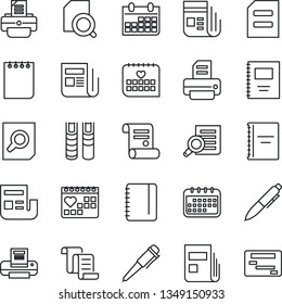 Thin Line Icon Set - contract vector, document search, pen, notepad, calendar, printer, medical, news, copybook, book, schedule