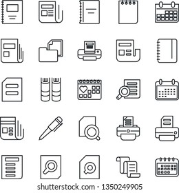 Thin Line Icon Set - contract vector, book, document search, pen, notepad, calendar, printer, medical, folder, news, copybook