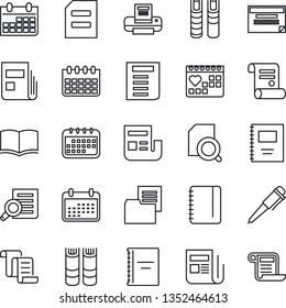 Thin Line Icon Set - contract vector, book, document search, pen, notepad, calendar, medical, folder, news, copybook, printer, schedule