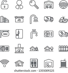 Thin Line Icon Set - contract vector, house with tree, pond, water supply, garage, warehouse, fence, sale, low price signboard, office building, estate agent, key, lock, bathroom, moving, fireplace