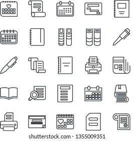 Thin Line Icon Set - contract vector, book, document search, pen, notepad, calendar, printer, medical, news, copybook, schedule