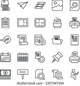 Thin Line Icon Set - contract vector, document search, calendar, reload, printer, plant label, news, paper pin, gallery, clipboard, folder, tray, copier, book, plan, restaurant receipt, cash, plane