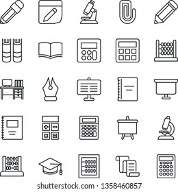 Thin Line Icon Set - contract vector, book, calculator, graduate, abacus, desk, presentation board, pencil, microscope, notes, copybook, paper clip, ink pen