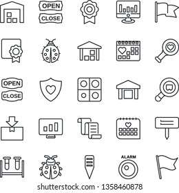 Thin Line Icon Set - contract vector, statistic monitor, lady bug, plant label, blood test vial, heart diagnostic, shield, medical calendar, warehouse, package, search cargo, application, open close