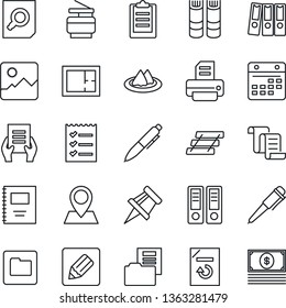 Thin Line Icon Set - contract vector, book, office binder, document search, pen, reload, printer, pin, gallery, folder, calendar, notes, clipboard, copybook, drawing, checklist, paper, tray, copier