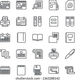 Thin Line Icon Set - contract vector, book, document search, pen, notepad, calendar, printer, medical, folder, copybook, news, schedule