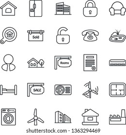 Thin Line Icon Set - contract vector, house, with tree, pond, windmill, plan, sale, rooms, sold signboard, office building, estate search, agent, lock, bedroom, washer, cushioned furniture, fridge