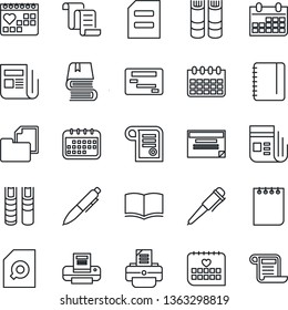 Thin Line Icon Set - contract vector, book, pen, notepad, document, calendar, printer, medical, folder, news, search, schedule
