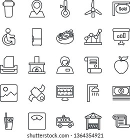 Thin Line Icon Set - contract vector, monitor pulse, scales, ambulance car, disabled, pin, satellite, cash, support, route, gallery, point graph, paper tray, windmill, sold signboard, fireplace