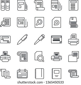 Thin Line Icon Set - contract vector, book, document search, pen, notepad, printer, folder, news, copybook, calendar, schedule