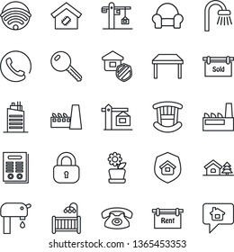 Thin Line Icon Set - contract vector, house with tree, water supply, rent, sold signboard, key, lock, children room, table, bathroom, cushioned furniture, wireless, smart home, flower in pot, city