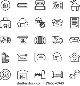 Thin Line Icon Set - contract vector, warehouse, fence, sale, rooms, office building, estate search, bedroom, table, cushioned furniture, moving, sweet home, fireplace, air conditioner, phone