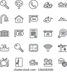 Thin Line Icon Set - contract vector, house, with garage, tree, pond, pool, fruit, mountains, fence, plan, rent, low price signboard, estate search, key, bathroom, fridge, tv, wireless, crane, phone