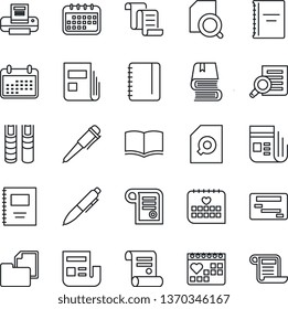 Thin Line Icon Set - contract vector, book, document search, pen, notepad, medical calendar, folder, news, copybook, printer, schedule