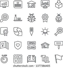 Thin Line Icon Set - contract vector, statistic monitor, lady bug, plant label, blood test vial, heart diagnostic, shield, medical calendar, warehouse, package, search cargo, application, alcohol