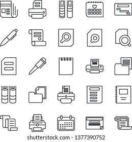 Thin Line Icon Set - contract vector, book, document search, pen, notepad, printer, medical calendar, folder, news, copybook, schedule