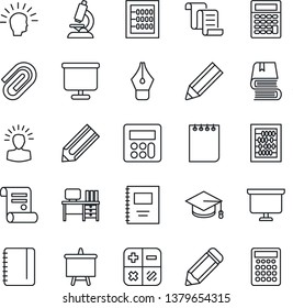 Thin Line Icon Set - contract vector, calculator, graduate, abacus, desk, notepad, presentation board, pencil, microscope, copybook, paper clip, ink pen, book, shining head