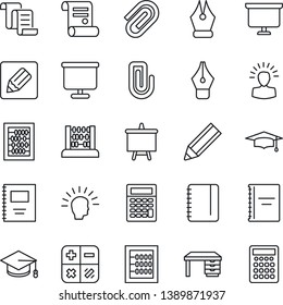 Thin Line Icon Set - contract vector, calculator, graduate, abacus, desk, notepad, presentation board, notes, copybook, paper clip, ink pen, pencil, shining head