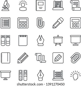 Thin Line Icon Set - contract vector, book, abacus, notepad, presentation board, pencil, microscope, calculator, notes, copybook, paper clip, ink pen, shining head