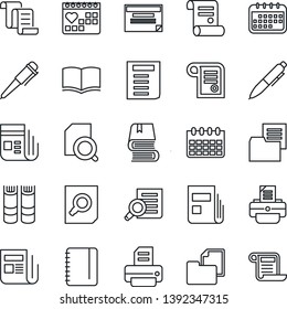 Thin Line Icon Set - contract vector, book, document search, pen, notepad, calendar, printer, medical, folder, news, schedule