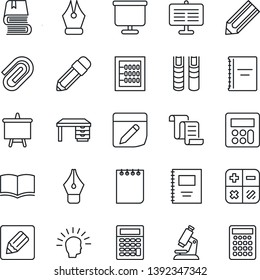 Thin Line Icon Set - contract vector, book, calculator, desk, notepad, presentation board, pencil, microscope, notes, copybook, paper clip, abacus, ink pen, shining head