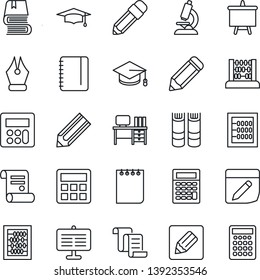 Thin Line Icon Set - contract vector, book, graduate, abacus, desk, notepad, presentation board, pencil, microscope, calculator, notes, ink pen