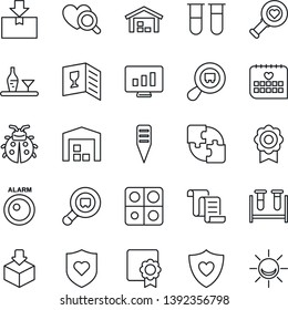 Thin Line Icon Set - contract vector, statistic monitor, lady bug, plant label, blood test vial, heart diagnostic, shield, medical calendar, package, search cargo, application, sertificate, alcohol