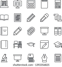 Thin Line Icon Set - contract vector, book, calculator, graduate, abacus, desk, notepad, presentation board, pencil, microscope, notes, copybook, paper clip, ink pen