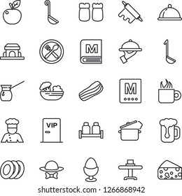 Thin Line Icon Set - cook vector, dish, restaurant table, cafe, menu, coffee, beer, salad, plates, bacon, waiter, egg stand, salt and pepper, building, vip zone, dress code, ladle, rolling pin