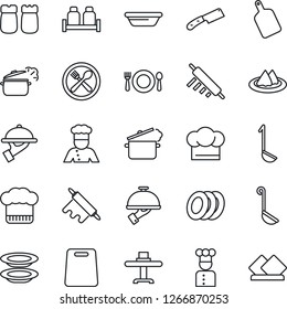 Thin Line Icon Set - cook vector, restaurant table, serviette, cafe, hat, plates, waiter, salt and pepper, ladle, bowl, rolling pin, cutting board, knife, steaming pan