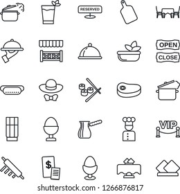 Thin Line Icon Set - cook vector, dish, restaurant table, reserved, drink, phyto bar, salad, waiter, egg stand, cafe, vip zone, dress code, open close, alcove, receipt, steak, hot dog, rolling pin