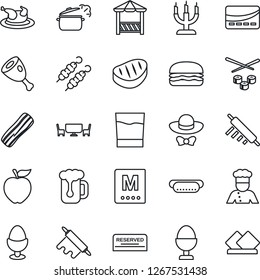 Thin Line Icon Set - cook vector, menu, reserved, drink, beer, bacon, egg stand, candle, cafe table, dress code, alcove, credit card, chicken, steak, kebab, ham, hamburger, hot dog, rolling pin
