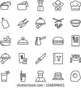 Thin Line Icon Set - cook vector, hat, wine card, reception, phyto bar, salad, waiter, cafe building, vip zone, dress code, credit, restaurant receipt, kebab, hamburger, bowl, cutting board, knife