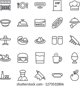 Thin Line Icon Set - cook vector, alcohol, restaurant table, serviette, cafe, hat, reserved, reception, drink, coffee, salad, waiter, egg stand, salt and pepper, vip zone, alcove, credit card, bowl