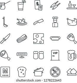 Thin Line Icon Set - cook vector, alcohol, cafe, menu, reserved, phyto bar, beer, bacon, salt and pepper, bread, vip zone, restaurant receipt, chicken, kebab, ham, hot dog, ladle, knife, cheese