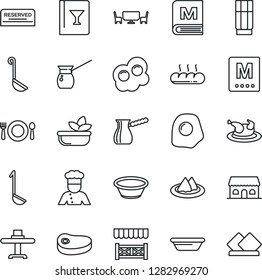 Thin Line Icon Set - cook vector, restaurant table, serviette, cafe, wine card, menu, reserved, drink, salad, bread, building, alcove, chicken, steak, ladle, bowl, turkish coffee, omelette