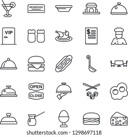 Thin Line Icon Set - cook vector, dish, reserved, reception, cocktail, waiter, egg stand, salt and pepper, cafe building, table, vip zone, open close, restaurant receipt, chicken, hamburger, hot dog